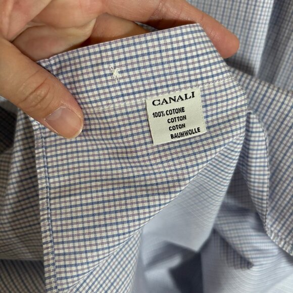 Canali Italy Made Check French Cuff Button Up Shirt - Men's Size 47/18.5 - Blue - Picture 7 of 12